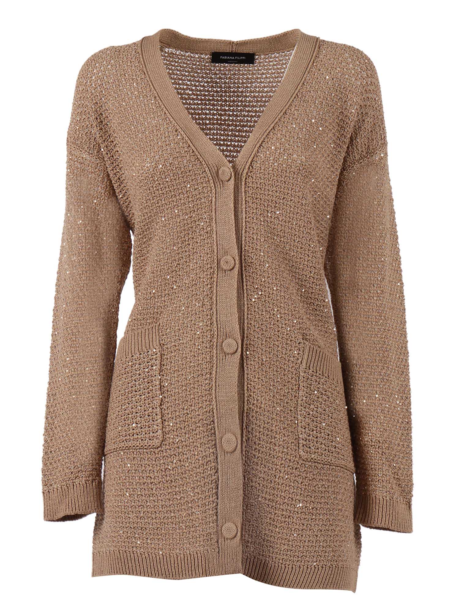 SEQUIN RIBBON CROCHET OVERSIZE CARDIGAN Brown Cotton Polyamide Polyester
