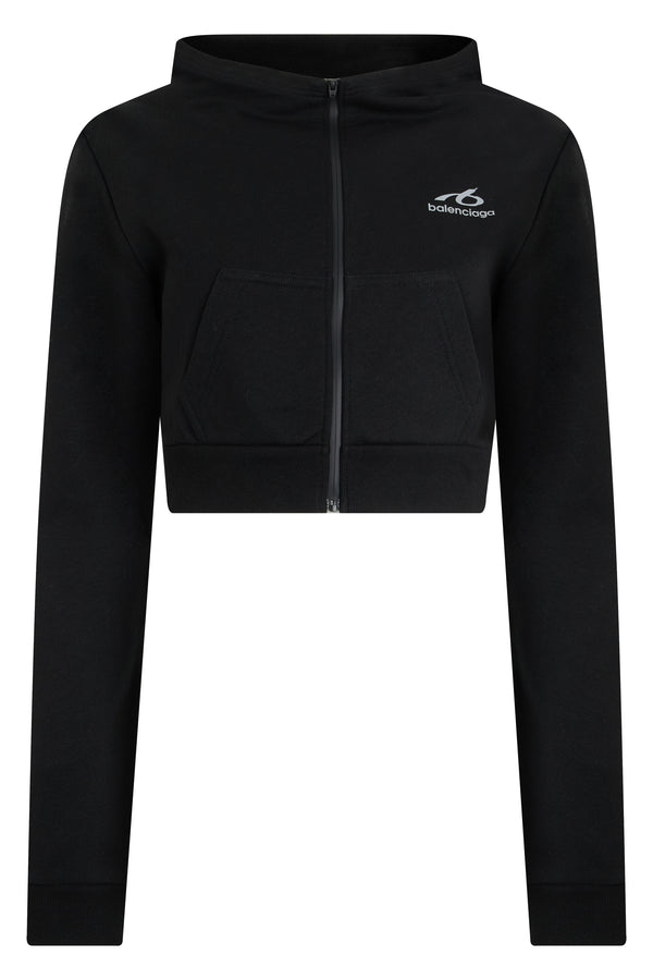 Cropped Zip Hoodie Black Cotton Sweatshirts