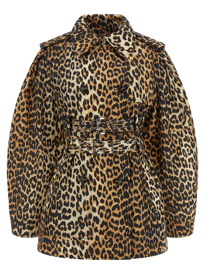 Leopard Duchesse Nylon Short trench coat Brown Recycled Polyamide Coats