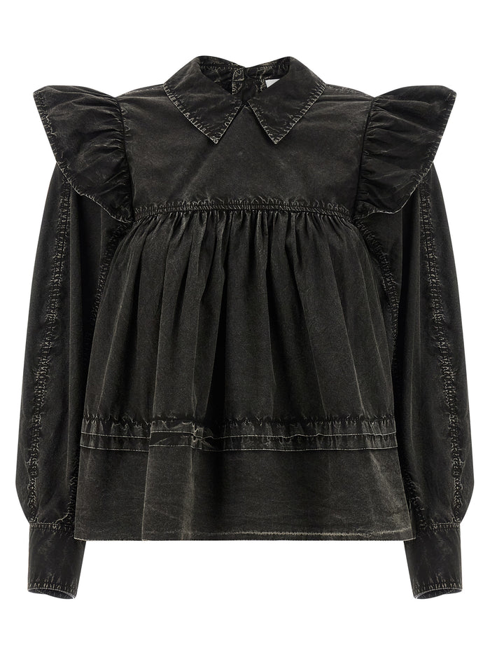 Black Washed Frill blouse Organic Cotton Shirt