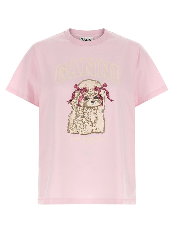 Ganni Printed Cotton T-Shirt — Pink