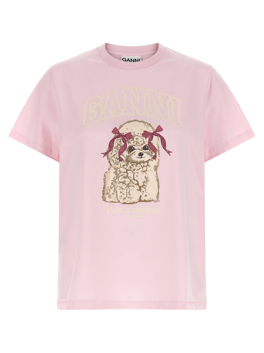 Ganni Printed Cotton T-Shirt — Pink