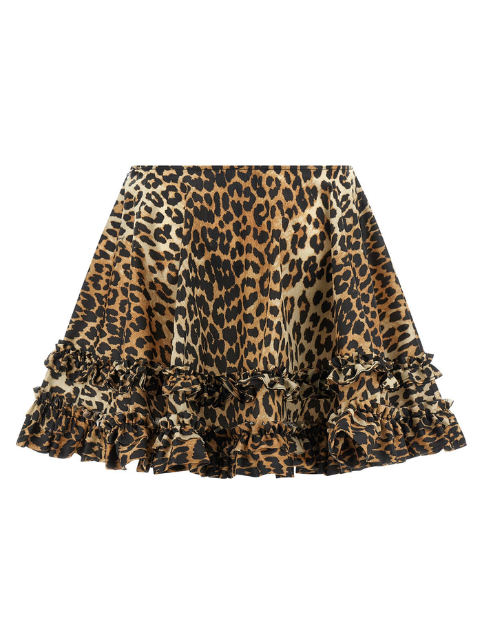Leopard Duchesse Nylon Mini Frill skirt Brown Recycled Polyamide