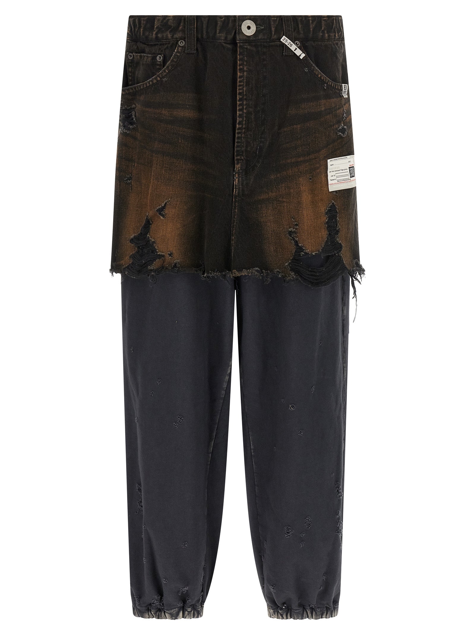 Waist Layered Denim Pants Black Cotton