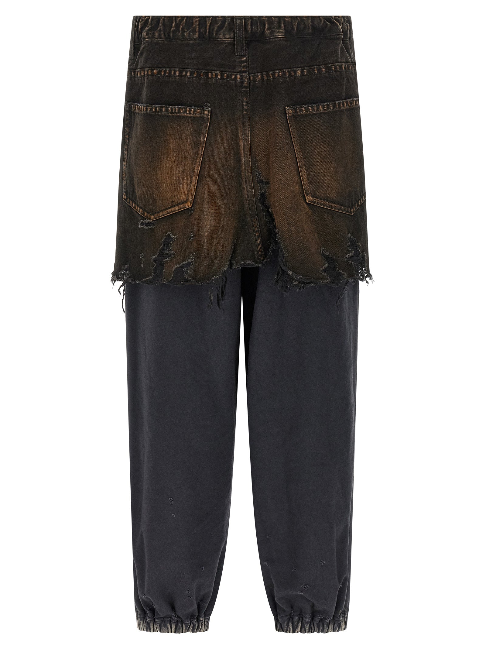 Waist Layered Denim Pants Black Cotton