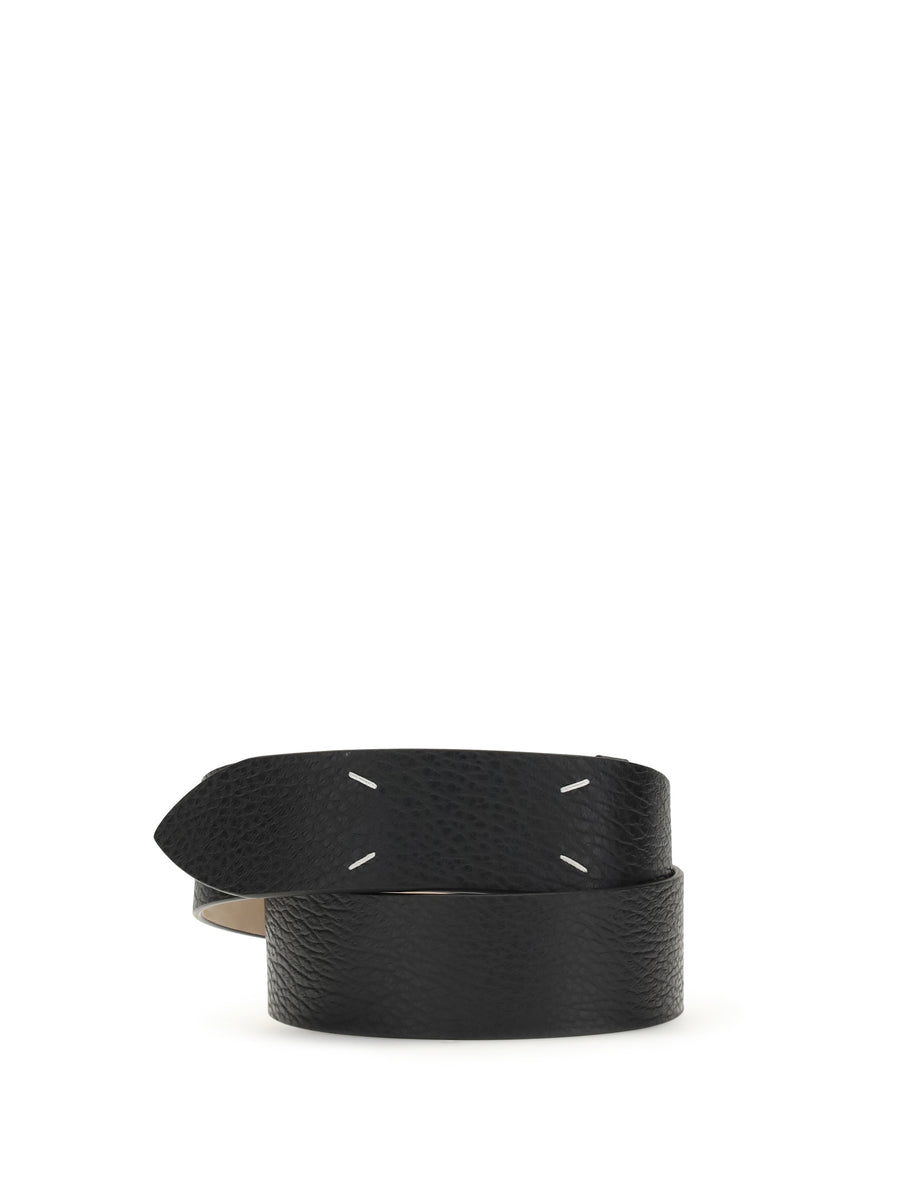 Belt Four-Stitch Grained Black Calf Leather