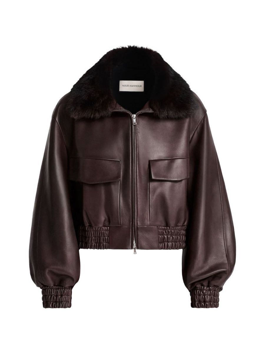 Leather Jacket With Shearling Collar Brown Lambskin