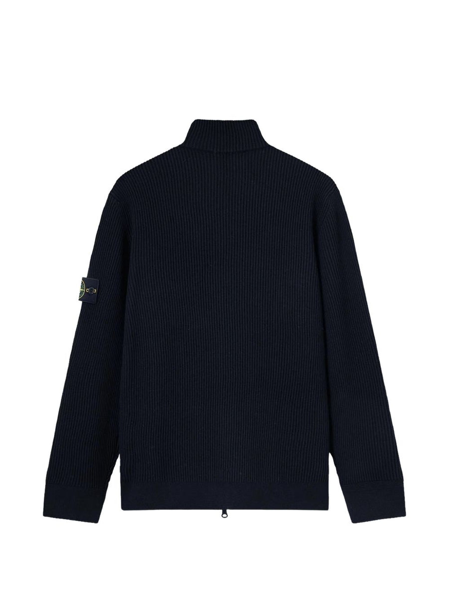 Cardigan Ribbed Knit Blue Virgin Wool Cardigans