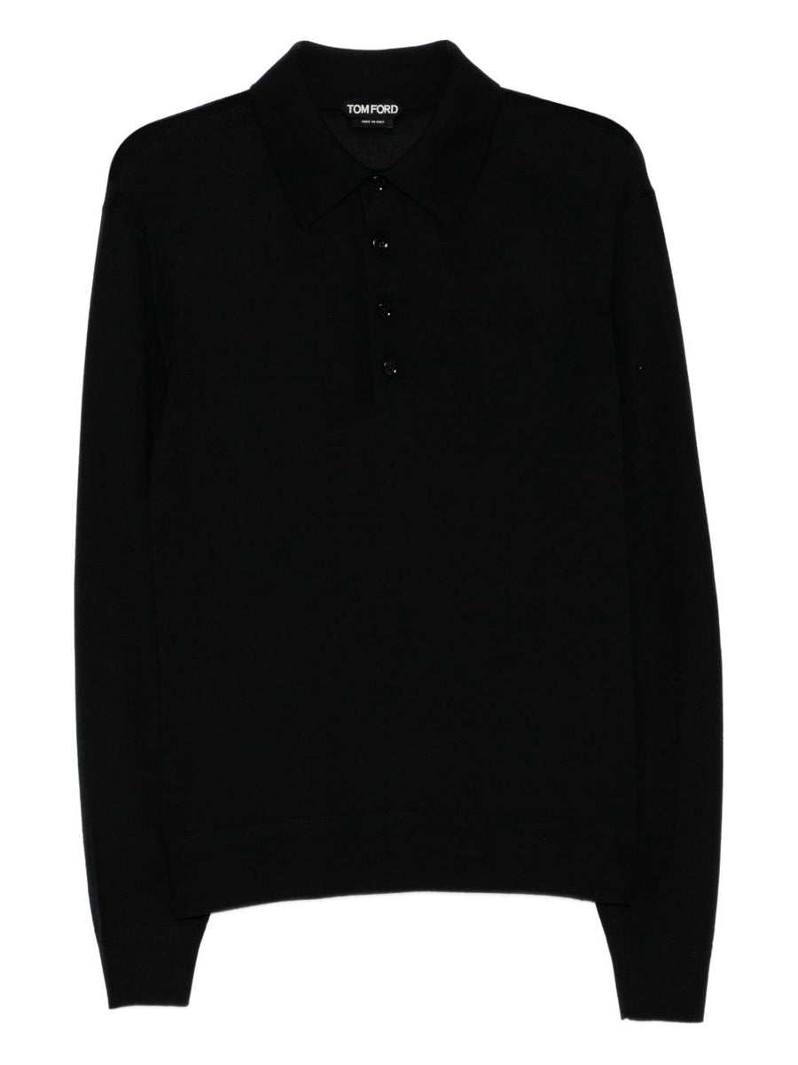Button-Front Polo Knit Black Knitwear