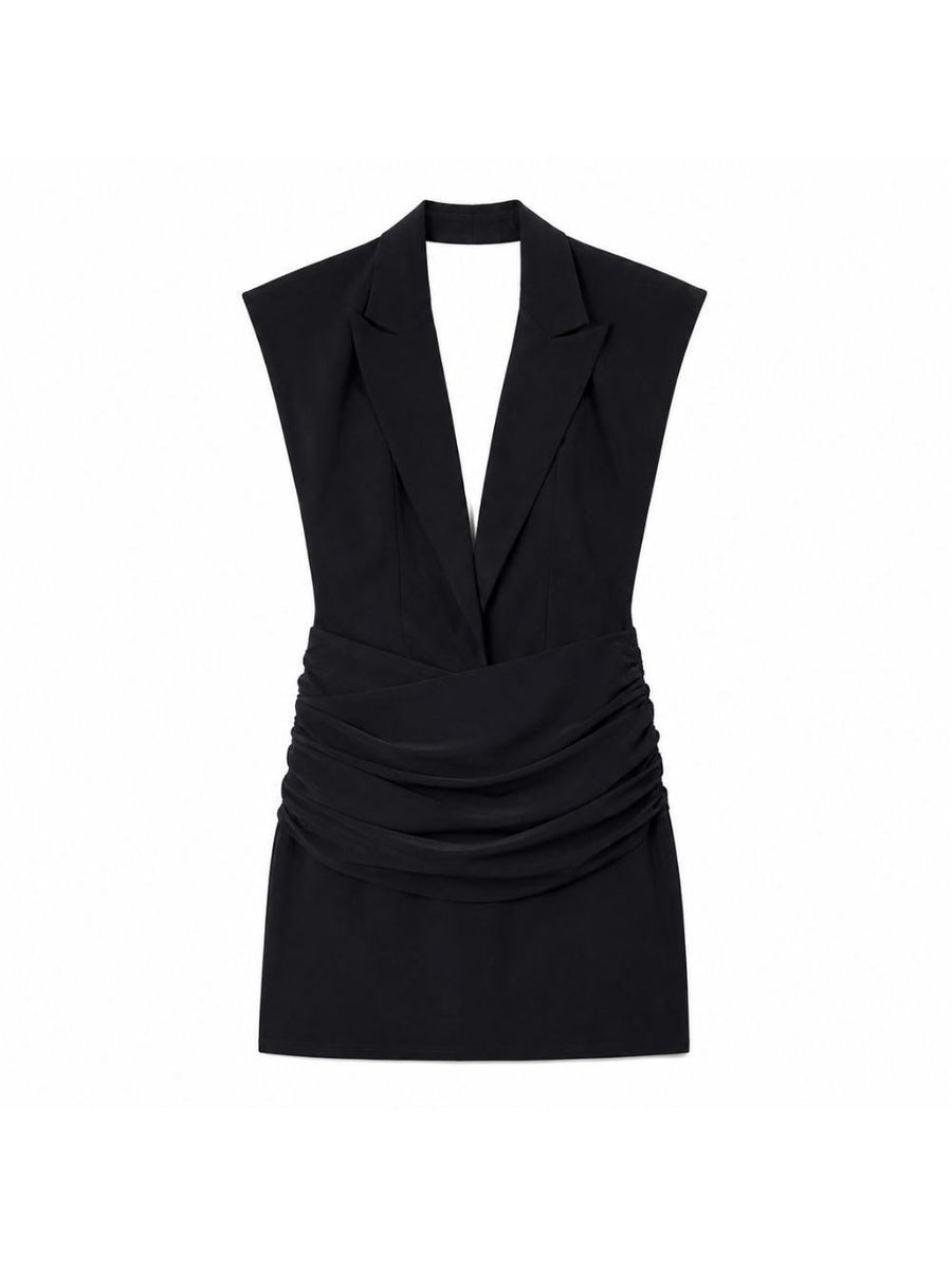 Mini Dress With Tuxedo Lapel Black Polyamide