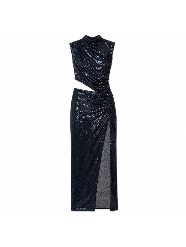 Long Dress With Sequin Embroidery Blue Polyester