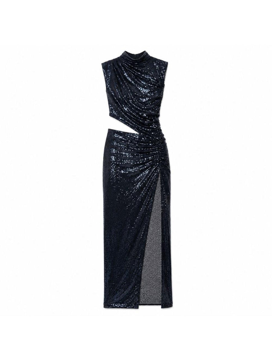 Long Dress With Sequin Embroidery Blue Polyester