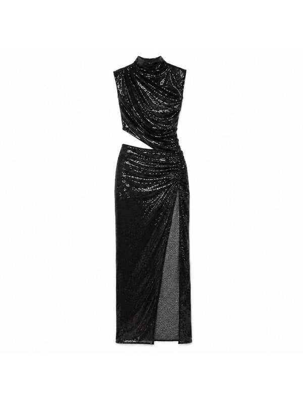 Long Dress With Sequins Black Polyester
