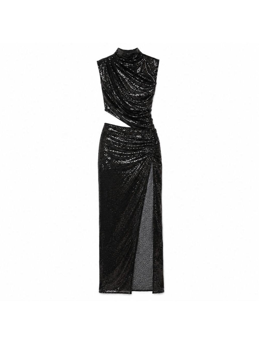 Long Dress With Sequins Black Polyester