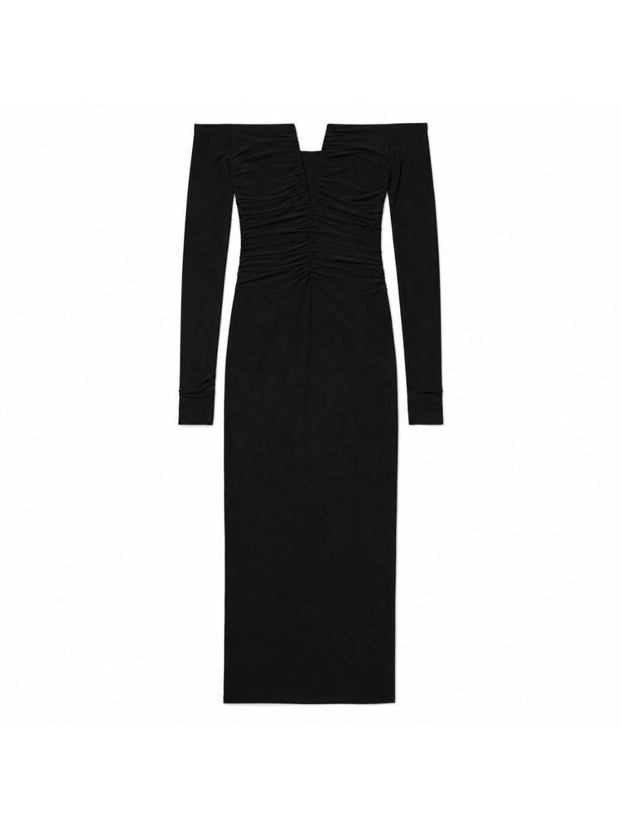 Long Dress With Off-The-Shoulder Neckline Black Polyamide