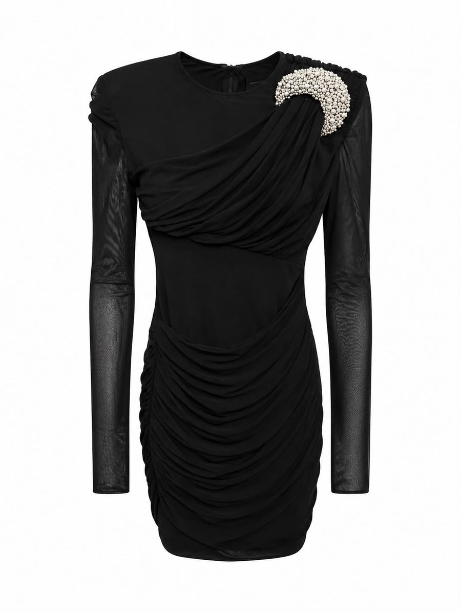 Dress With Tulle Sleeves And Jewel Appliqué Black Viscose