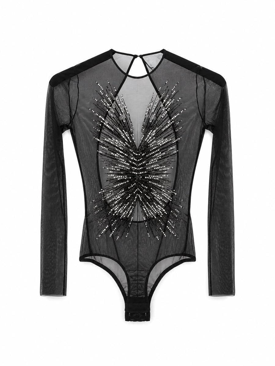 Embroidered Long-Sleeved Bodysuit Black Polyamide Tops