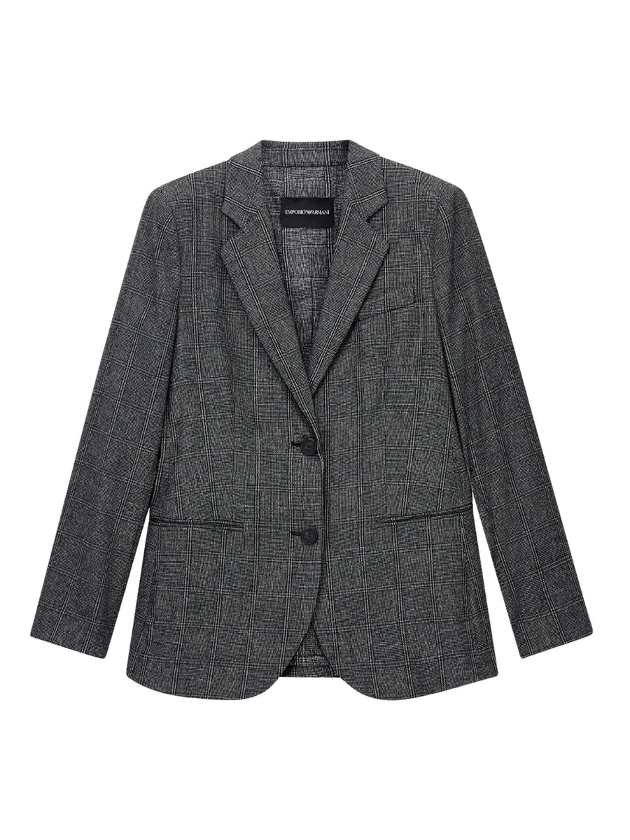 Checked Single-Breasted Blazer Grey Polyester Jacket