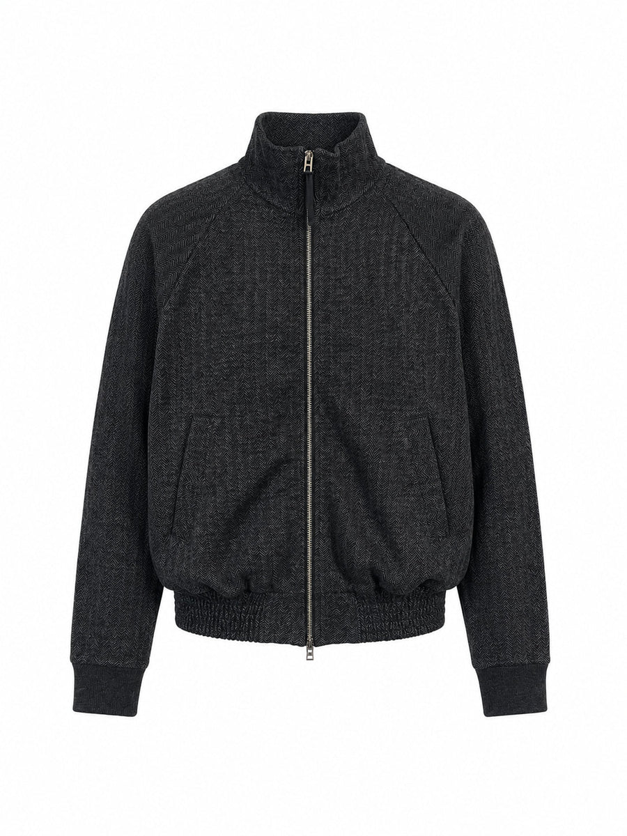 Zip-Up Sweatshirt Herringbone Cotton And Wool Grey/black Sweatshirts