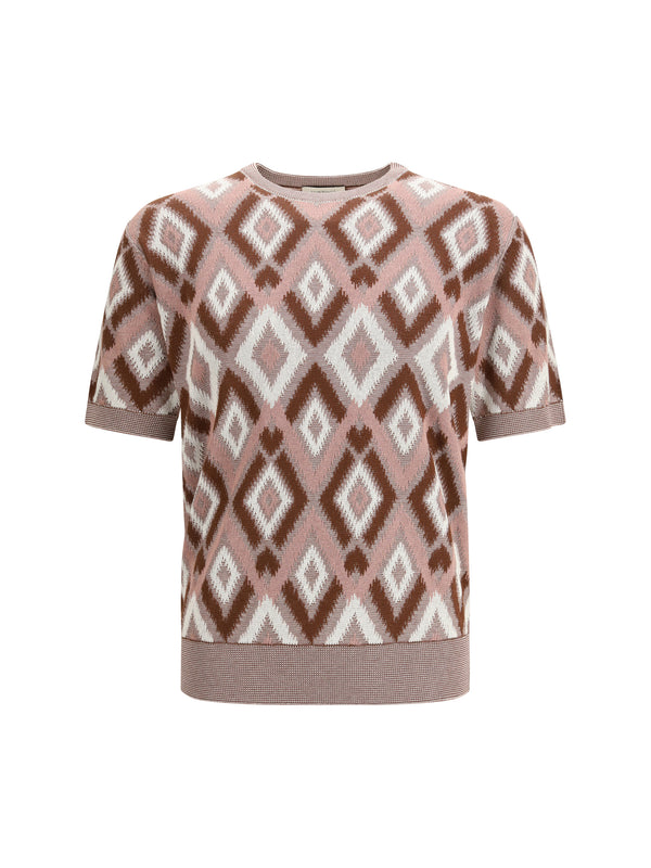 Short-Sleeve Crewneck Sweater Rosa Antico Cotton; Silk