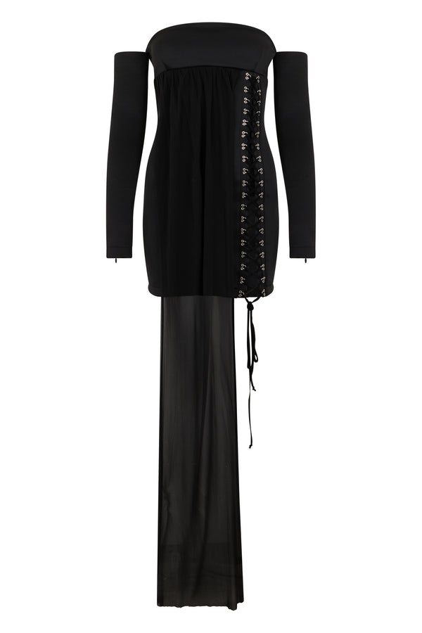 Mini Dress Black Wide Neck Polyester