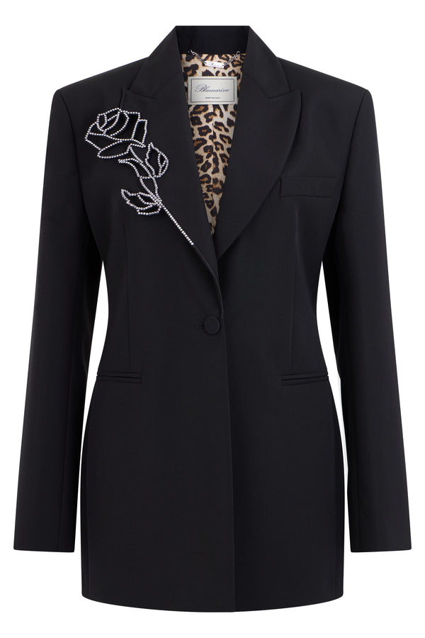 Wool Blazer Black Rose Embroidery Virgin Blazers