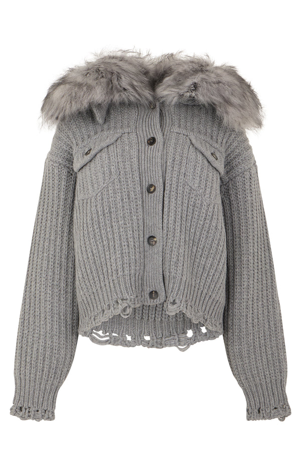 Cardigan With Fur Collar, Grey Wool Cardigans