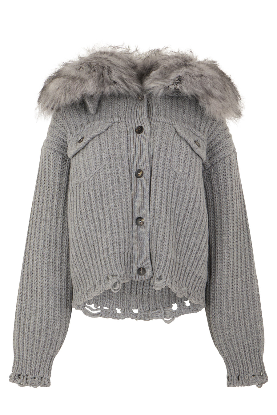 Cardigan With Fur Collar, Grey Wool Cardigans