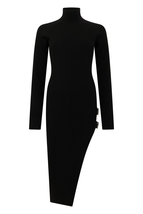 Midi Knit Dress With Buckles Black Virgin Wool