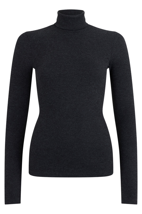Turtleneck Sweater, Ribbed Knit, Black Polyester