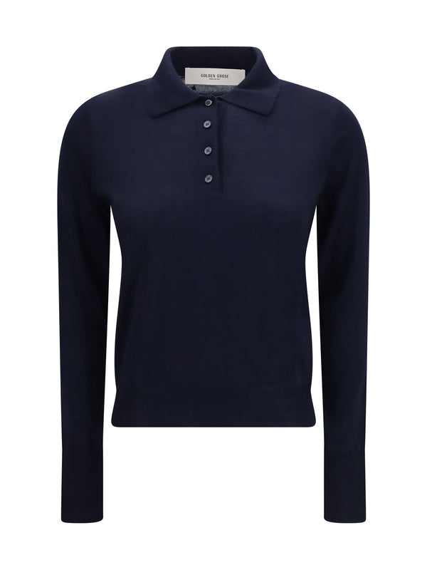 Long Sleeve Merino Wool Polo Navy Ovis Aries Knitwear