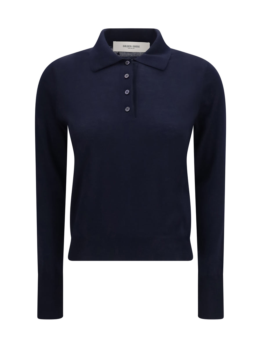 Long Sleeve Merino Wool Polo Navy Ovis Aries Knitwear