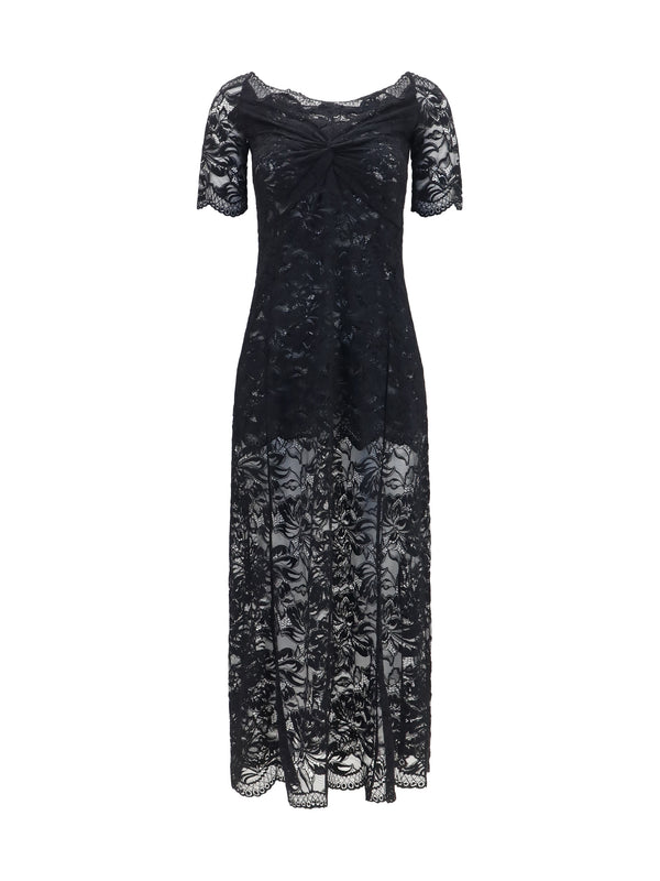 Floral Lace Long Dress Black Polyamide; Elastane