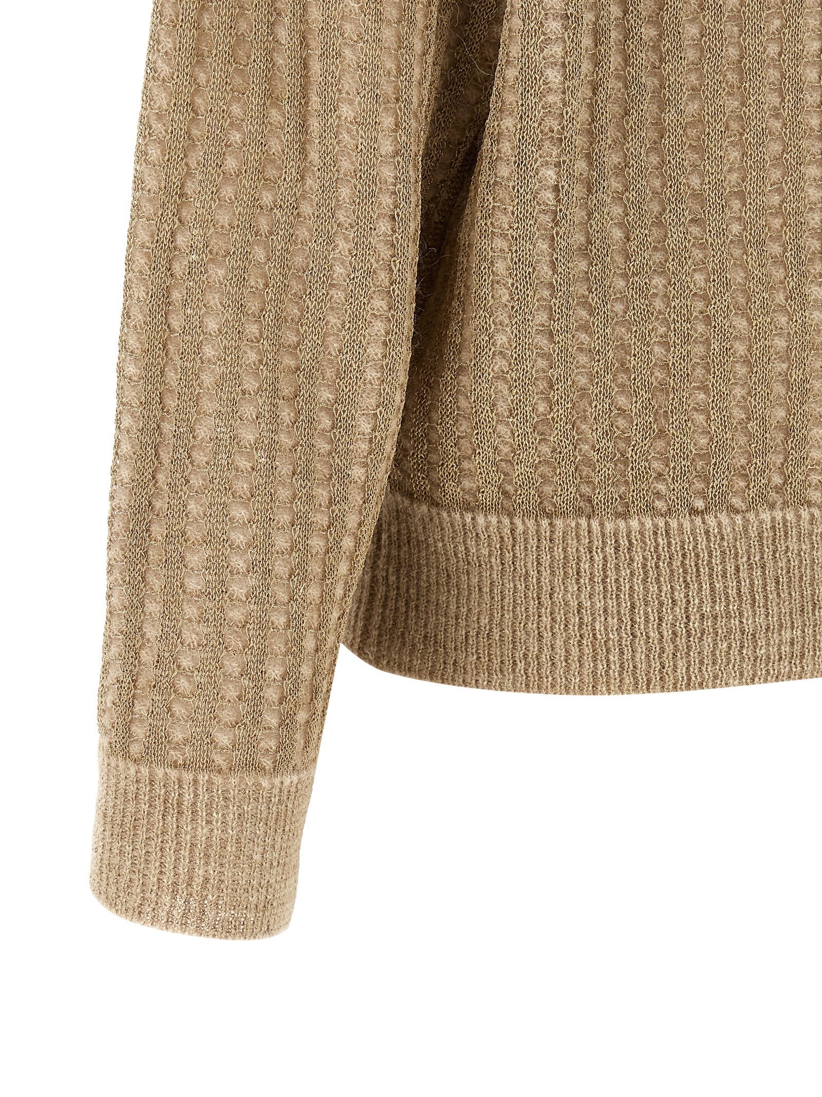 Waffle Lamé Cardigan Beige Sweater, Cardigans