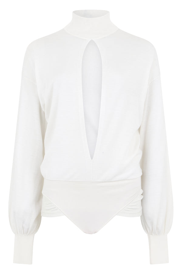 Bodysuit Long-Sleeve Mesh White Lamb Wool Tops