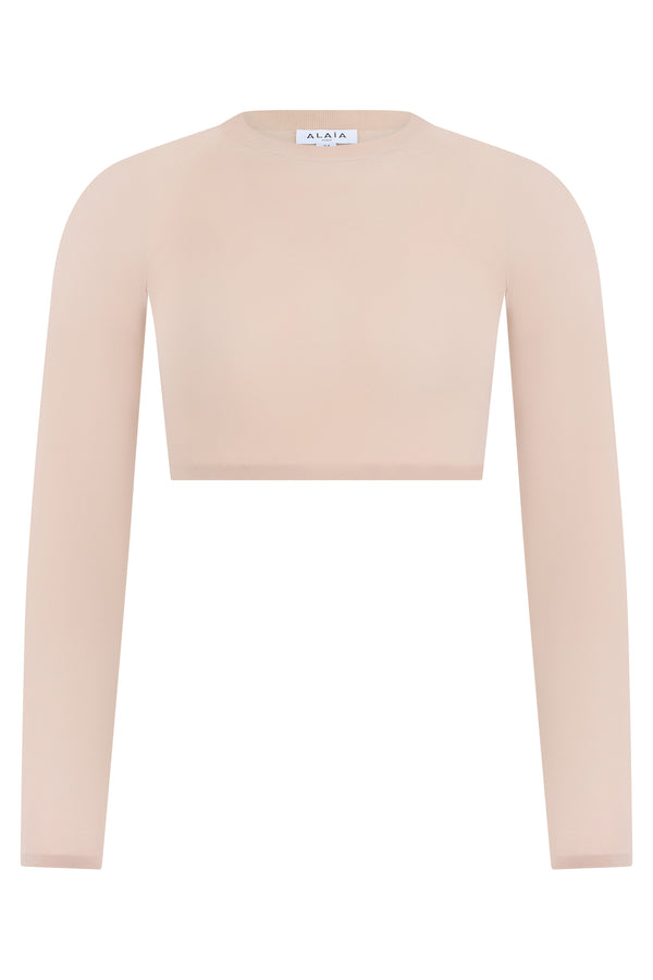 Cropped Long-Sleeve Top Beige Polyester Tops