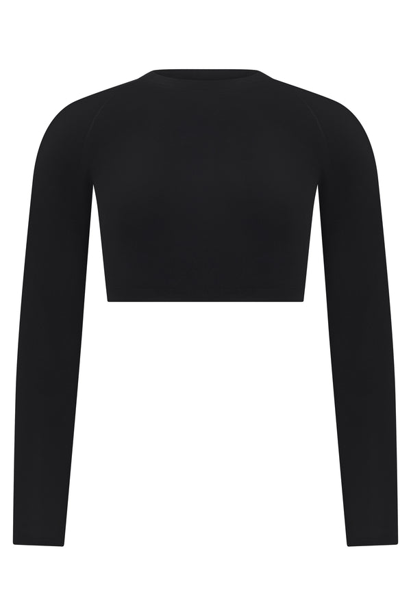 Cropped Long-Sleeve Top Black Polyester Tops