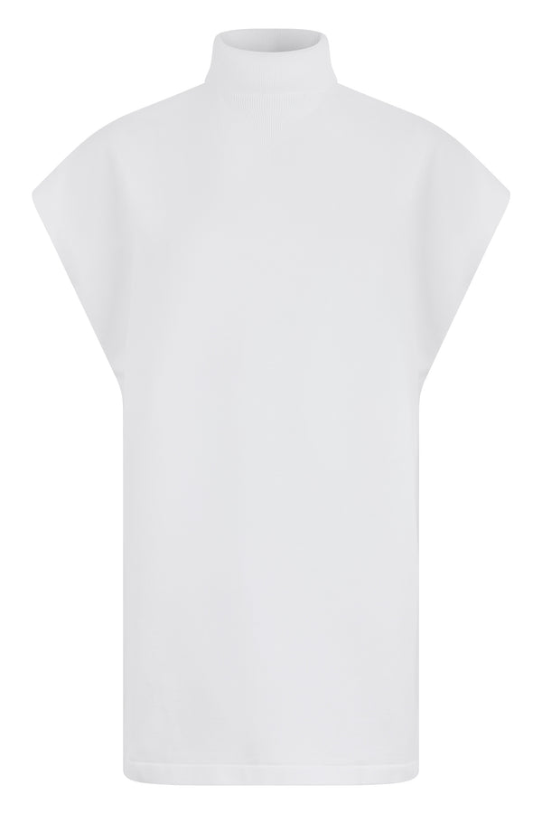 Sleeveless Sweater, High Collar, White Cotton