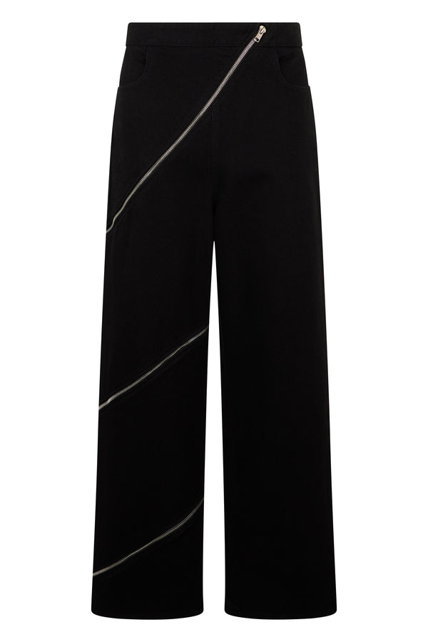Wide-Leg Trousers With Zip Detail — Black Cotton