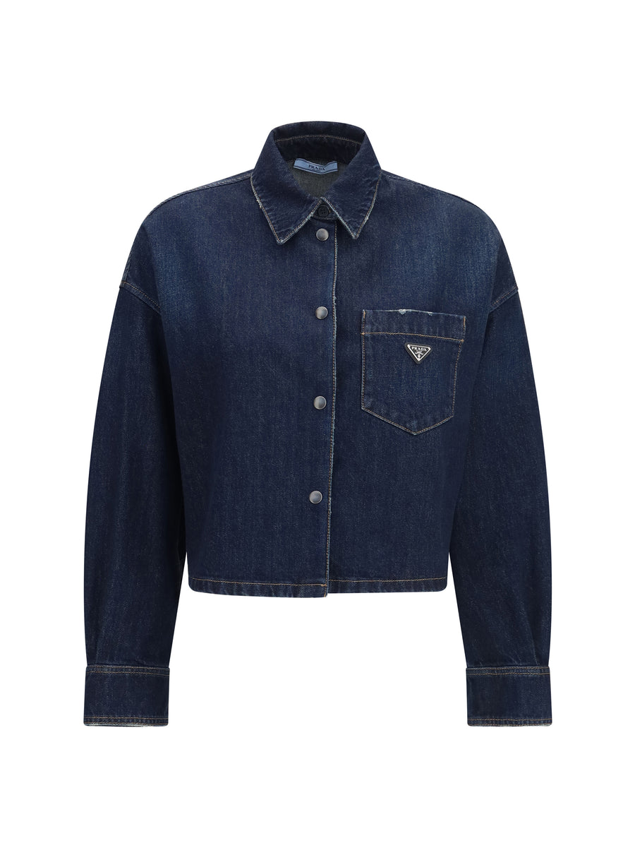 Denim Shirt With Logo Bleu Cotton