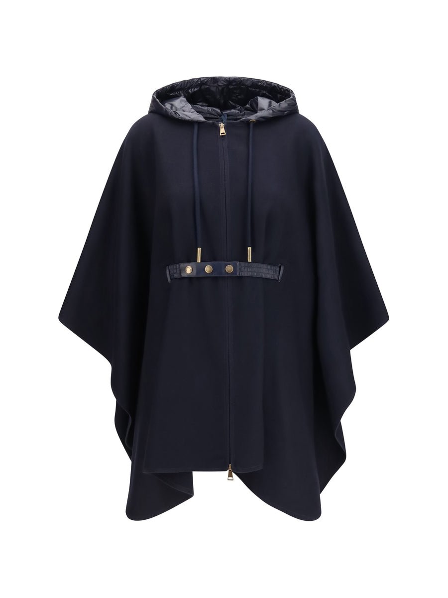Padded Wool Blend Cape Navy Coat