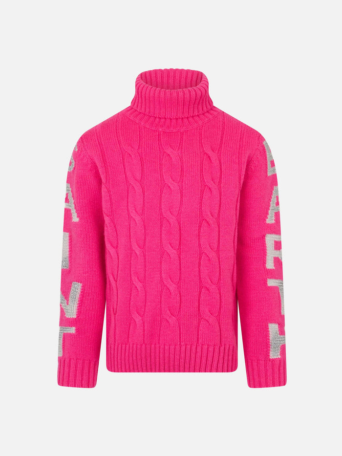 Girl Turtleneck Braided Sweater With Saint Barth Jacquard Pink
