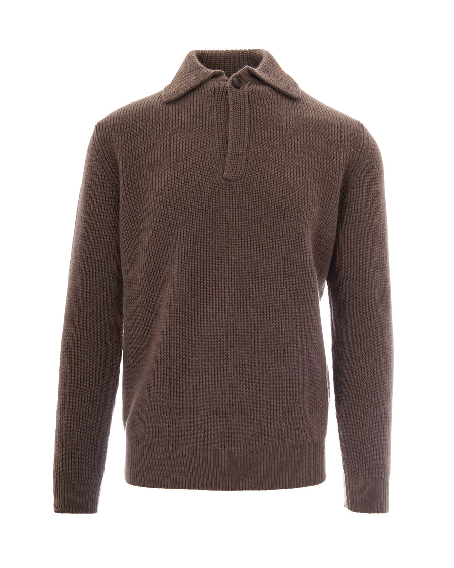 Polo Sweater Fisherman Rib Wool Brown Jumpers