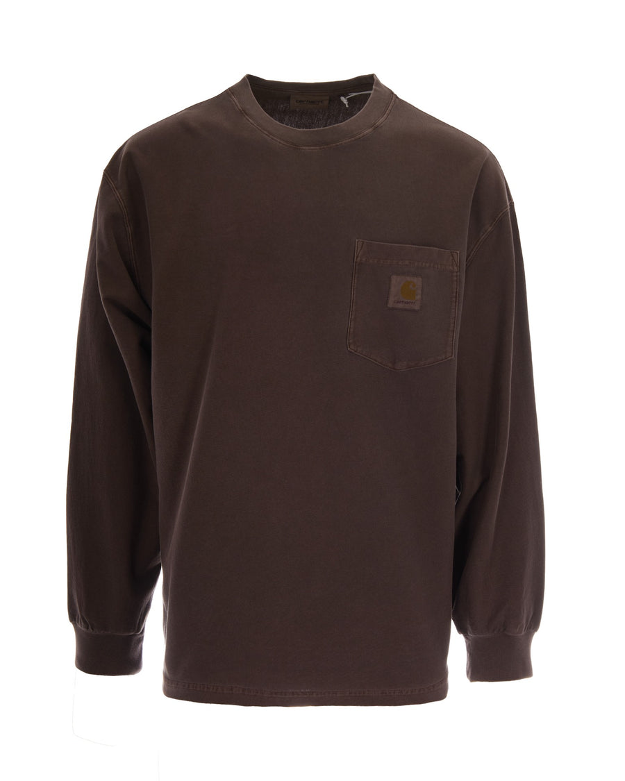 Long-Sleeve T-Shirt Loose Pocket Tobacco Garment Dyed Organic Cotton Single Jersey T-shirts
