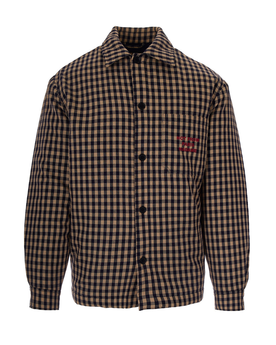 Overshirt Slogan Check Beige Cotton Jacket