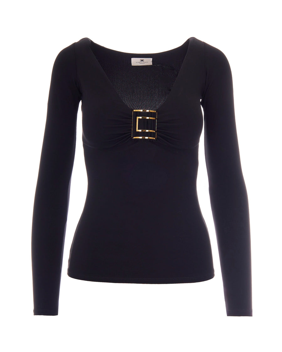 Long-Sleeve Jersey Top Black Gold-Plated Logo Viscose Elastane Jumpers