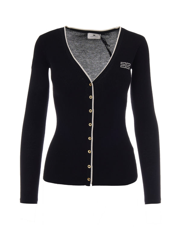 Ribbed Cardigan Black-Butter Black/butter Wool Elastane Cardigans