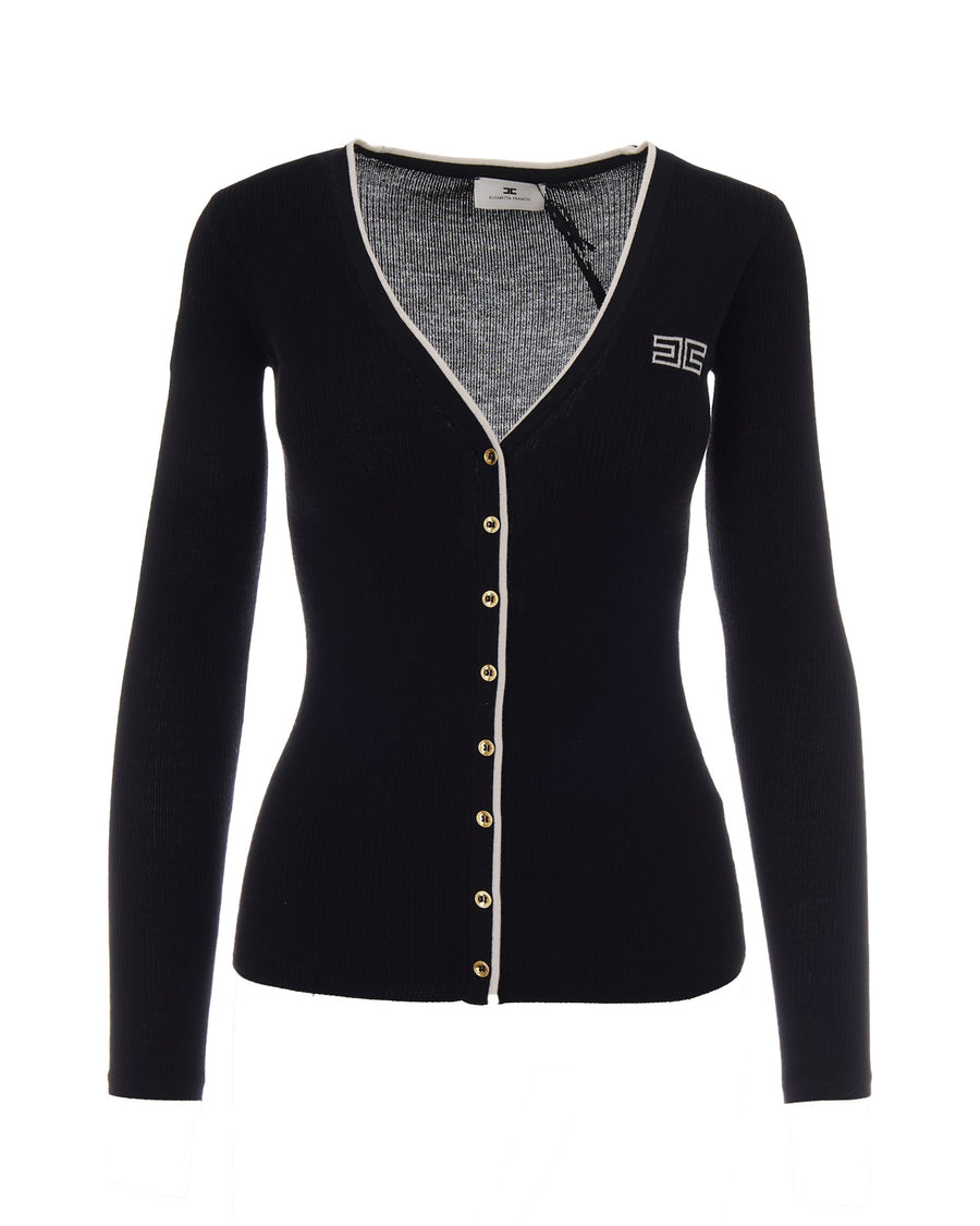 Ribbed Cardigan Black-Butter Black/butter Wool Elastane Cardigans