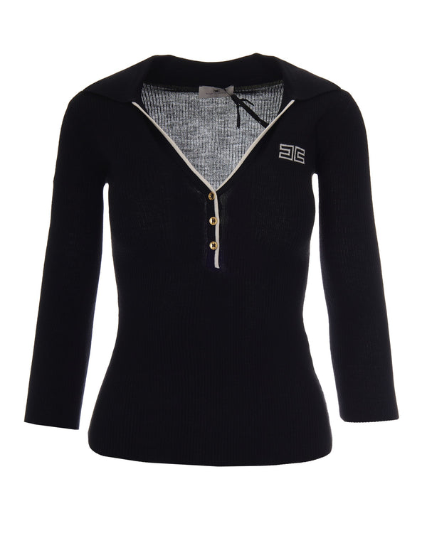 Rib-Knit Polo Shirt Black-Butter Black/butter Wool Elastane Tops