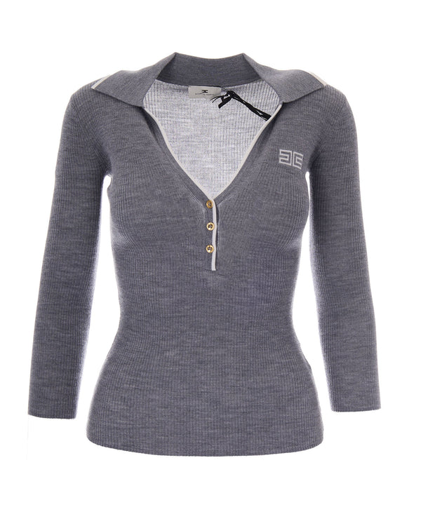 Polo Top Grey Melange-Ivory Melange/ivory Wool Tops
